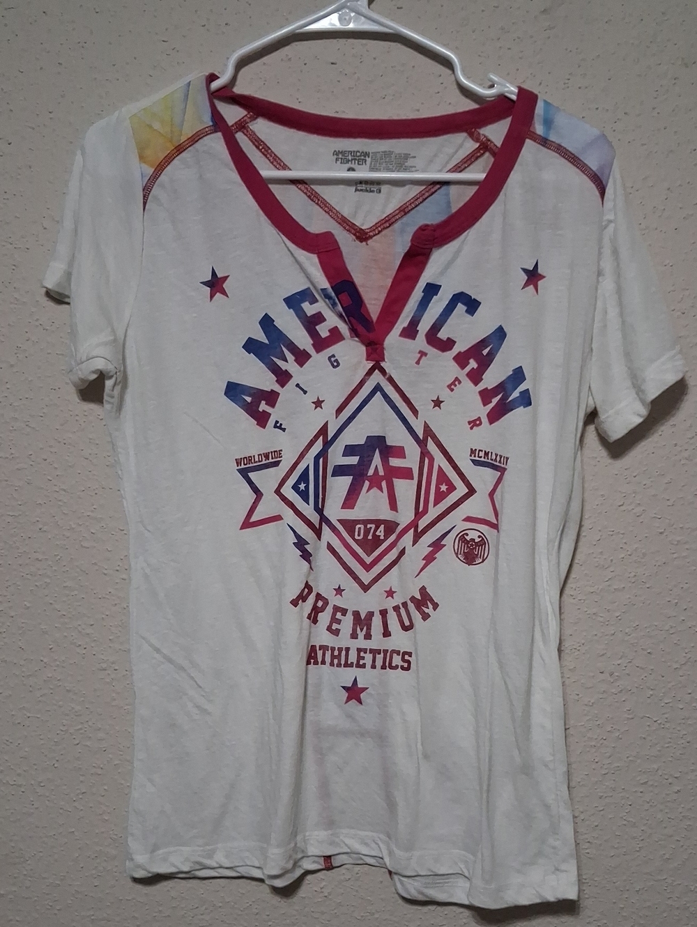 American Fighter White Tee with Red Trim and Blue Graphic